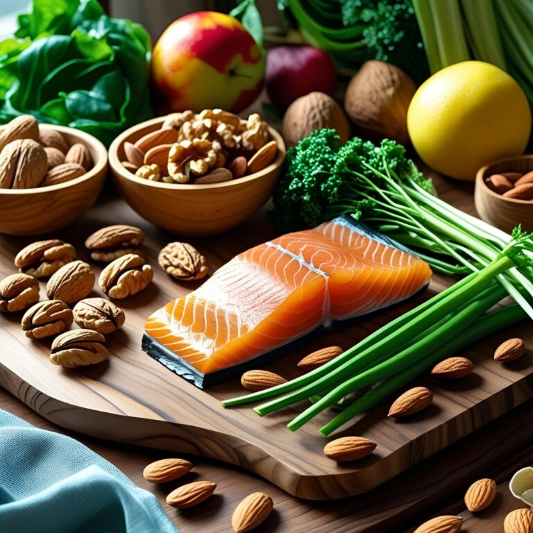 Ingrédients bruts anti-stress : noix, amandes, saumon, légumes verts, fruits frais.