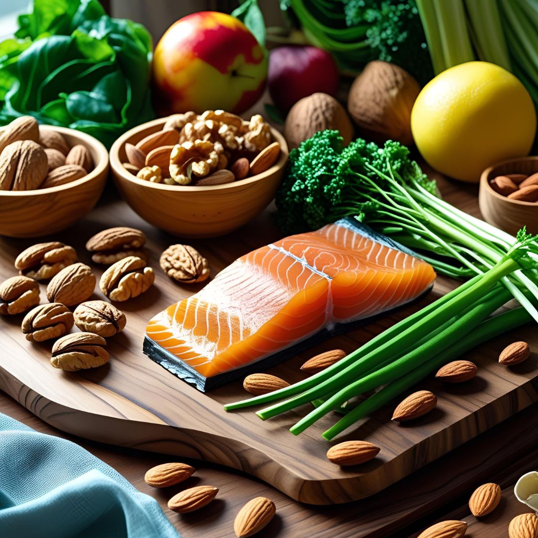 Ingrédients bruts anti-stress : noix, amandes, saumon, légumes verts, fruits frais.
