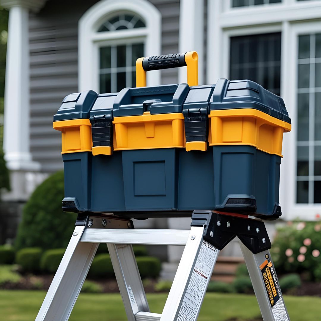 Une boîte à outils posée sur une échelle devant une maison.