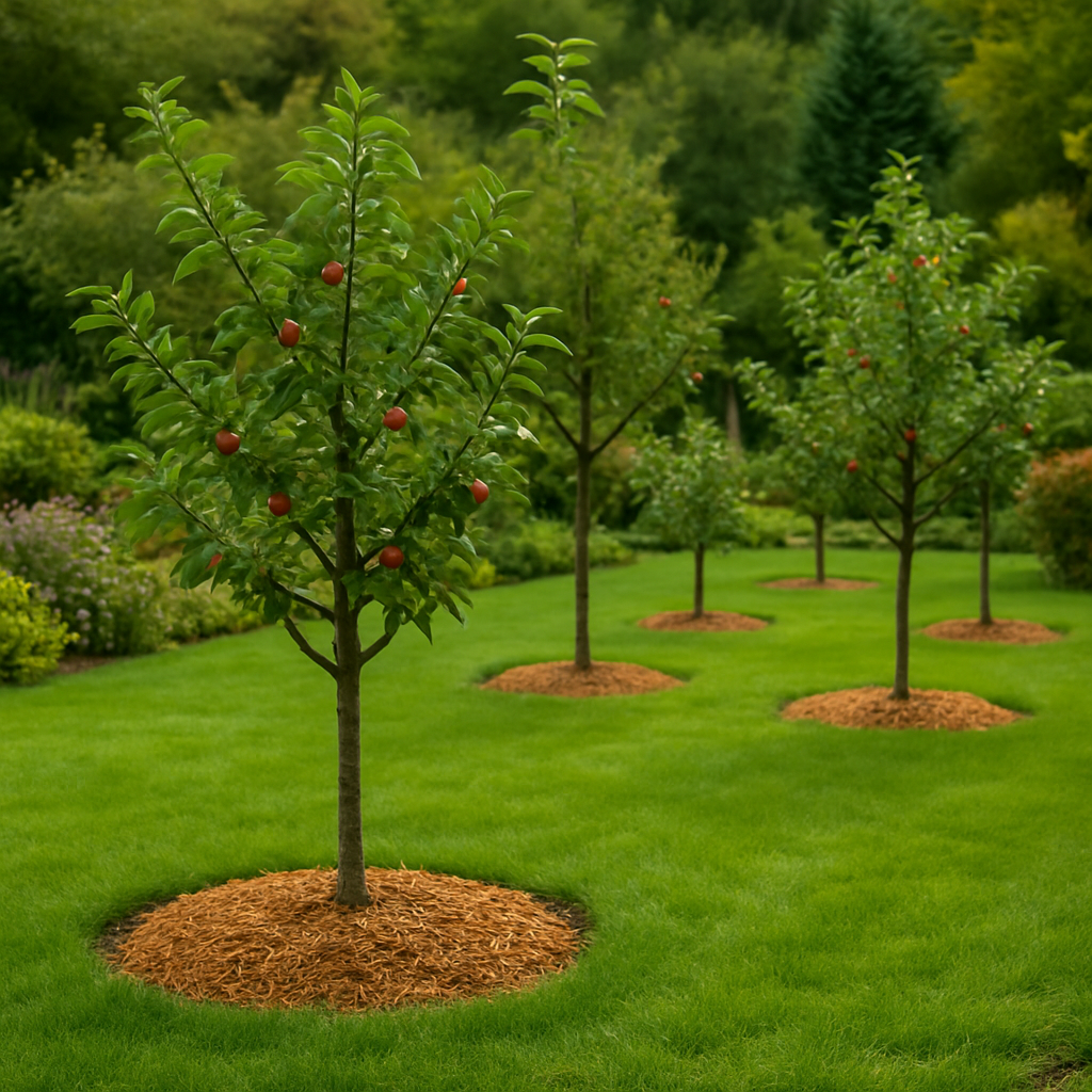 pelouse verte et bien entretenue. Plusieurs jeunes arbres fruitiers, probablement des pommiers ou des pruniers, sont plantés à intervalles réguliers. Leurs troncs sont entourés d'une couche de paillis brun. La scène a l'aspect d'un verger ou d'un jardin soigné, avec des arbres plus matures et de la végétation en arrière-plan.
