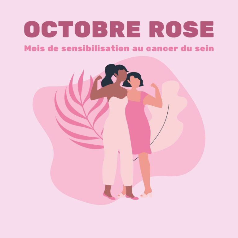 L'image est une illustration d'Octobre Rose. Elle montre deux femmes, l'une en blanc et l'autre en rose, adoptant une pose de force. Le fond est rose avec des motifs végétaux stylisés, et le texte "OCTOBRE ROSE Mois de sensibilisation au cancer du sein" est affiché en haut.
