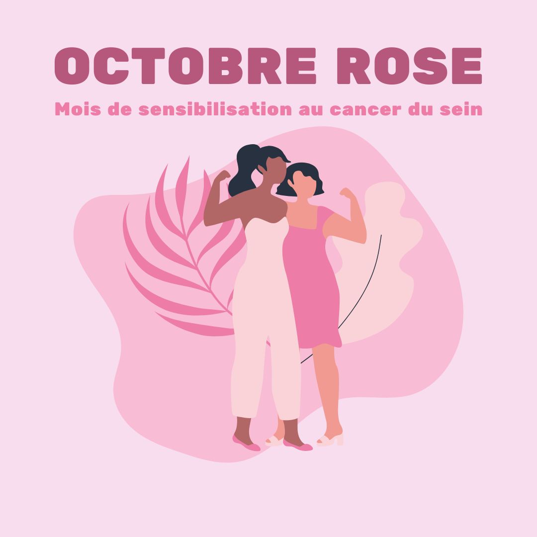 L'image est une illustration d'Octobre Rose. Elle montre deux femmes, l'une en blanc et l'autre en rose, adoptant une pose de force. Le fond est rose avec des motifs végétaux stylisés, et le texte "OCTOBRE ROSE Mois de sensibilisation au cancer du sein" est affiché en haut.