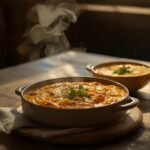 Plat mijoté chaud et fumant, de couleur orange/jaune, servi dans deux bols en grès sur une table en bois rustique. Garniture de persil. Cuisine réconfortante, recette d'automne, plat du jour.