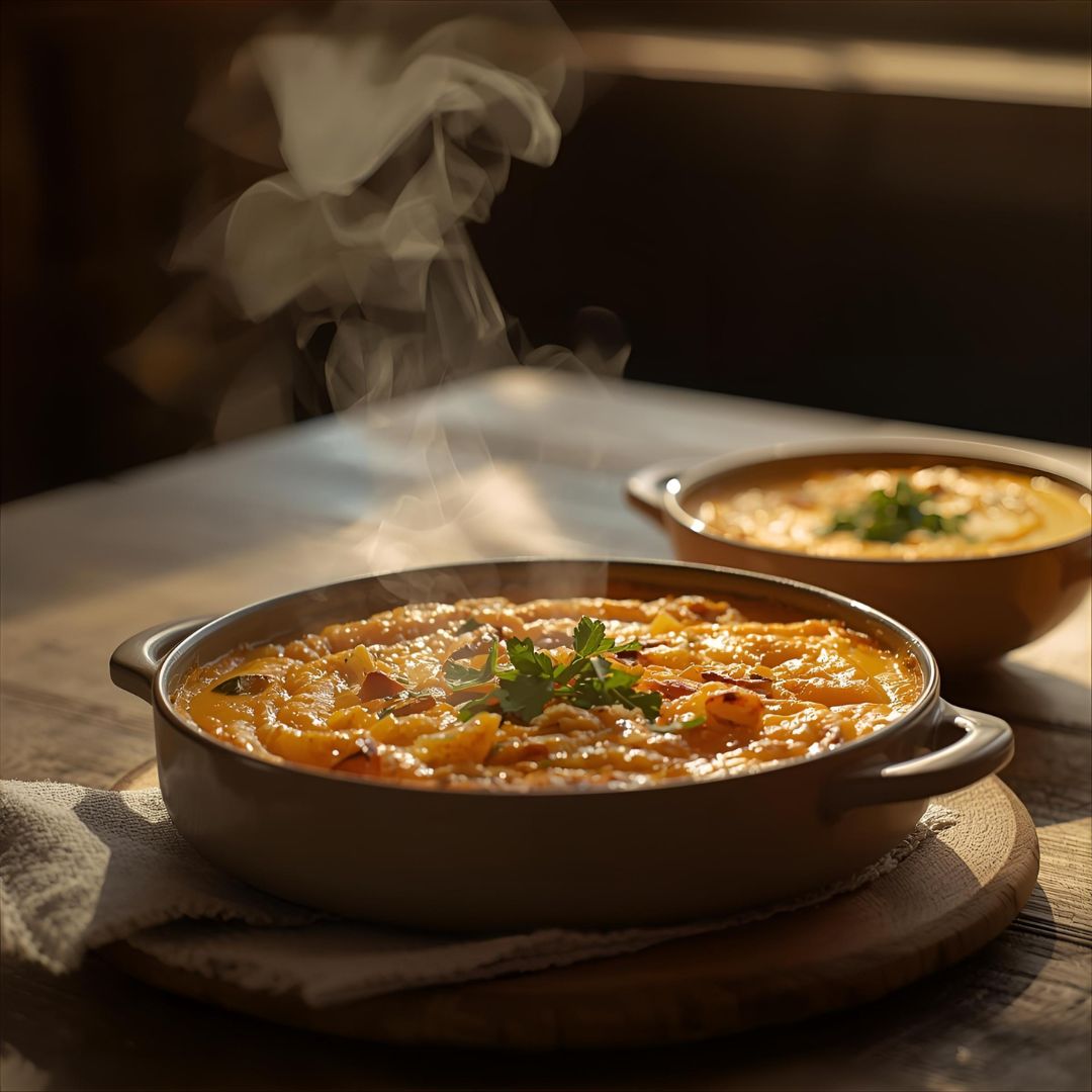 Plat mijoté chaud et fumant, de couleur orange/jaune, servi dans deux bols en grès sur une table en bois rustique. Garniture de persil. Cuisine réconfortante, recette d'automne, plat du jour.