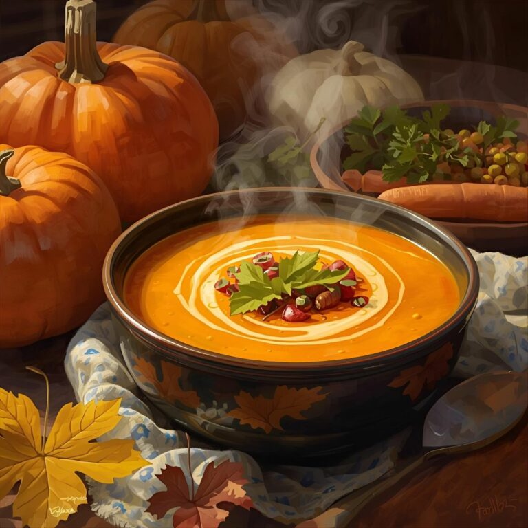 photo chaleureuse et artistique d'un bol de soupe fumant, probablement à base de courge ou de potiron. Le plat est décoré d'un tourbillon de crème et d'une branche d'herbes et de baies fraîches. À l'arrière-plan, on aperçoit plusieurs citrouilles entières et d'autres légumes, créant une ambiance automnale et réconfortante.