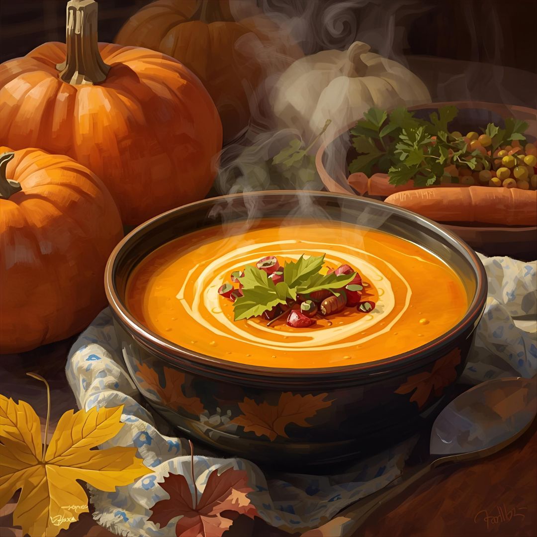 photo chaleureuse et artistique d'un bol de soupe fumant, probablement à base de courge ou de potiron. Le plat est décoré d'un tourbillon de crème et d'une branche d'herbes et de baies fraîches. À l'arrière-plan, on aperçoit plusieurs citrouilles entières et d'autres légumes, créant une ambiance automnale et réconfortante.
