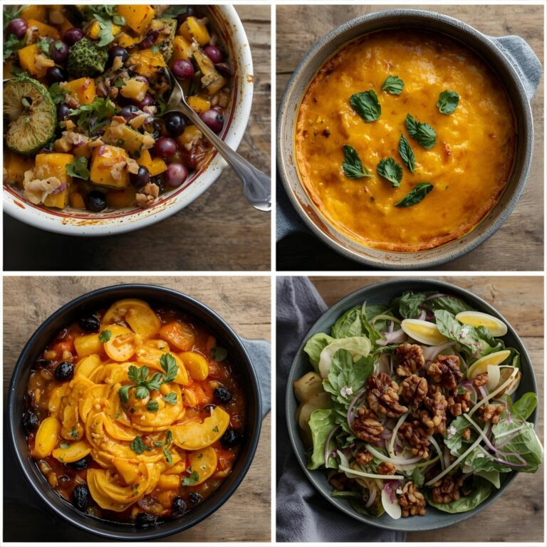 quatre photographies de plats cuisinés. On y voit : En haut à gauche : un plat de légumes et de fruits mélangés, incluant des raisins et de la courge. En haut à droite : une tarte ou un gratin de couleur orange avec des herbes vertes par-dessus. En bas à gauche : un ragoût de légumes, notamment de la courge, dans un bol. En bas à droite : une salade garnie de noix, de quartiers d'œufs durs et d'oignons rouges.