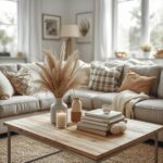 salon confortable et lumineux, décoré dans des tons neutres avec un bouquet de pampas sur une table basse en bois.