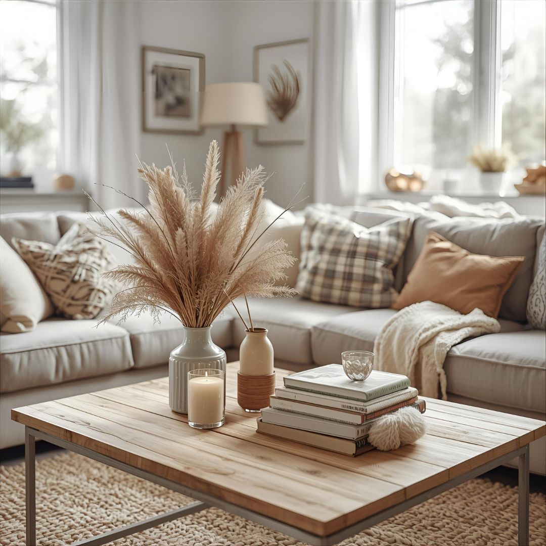 salon confortable et lumineux, décoré dans des tons neutres avec un bouquet de pampas sur une table basse en bois.