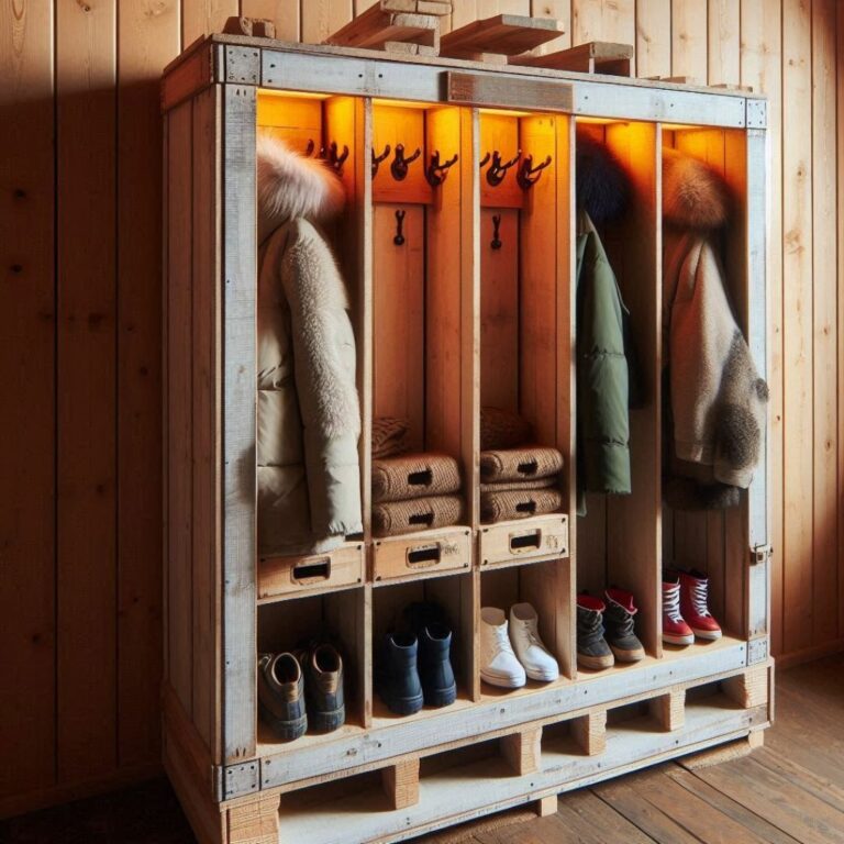 rangement de style casier, conçue de manière rustique en bois. Elle est composée de quatre compartiments verticaux avec des crochets pour suspendre des manteaux et des vestes, et des étagères en dessous pour les chaussures. L'unité est faite de ce qui semble être des palettes de bois recyclées et est éclairée de l'intérieur, ce qui lui donne une lueur chaleureuse et accueillante.