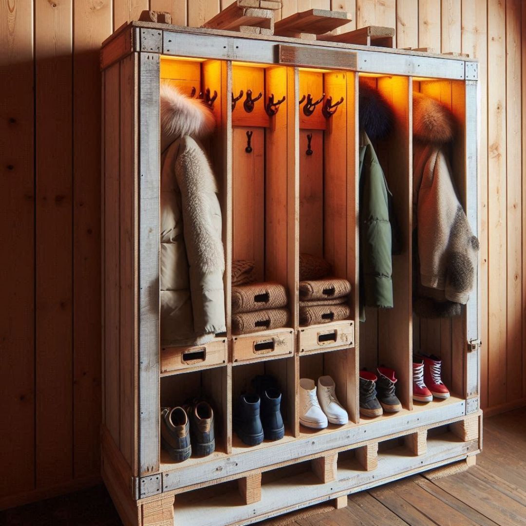 rangement de style casier, conçue de manière rustique en bois. Elle est composée de quatre compartiments verticaux avec des crochets pour suspendre des manteaux et des vestes, et des étagères en dessous pour les chaussures. L'unité est faite de ce qui semble être des palettes de bois recyclées et est éclairée de l'intérieur, ce qui lui donne une lueur chaleureuse et accueillante.