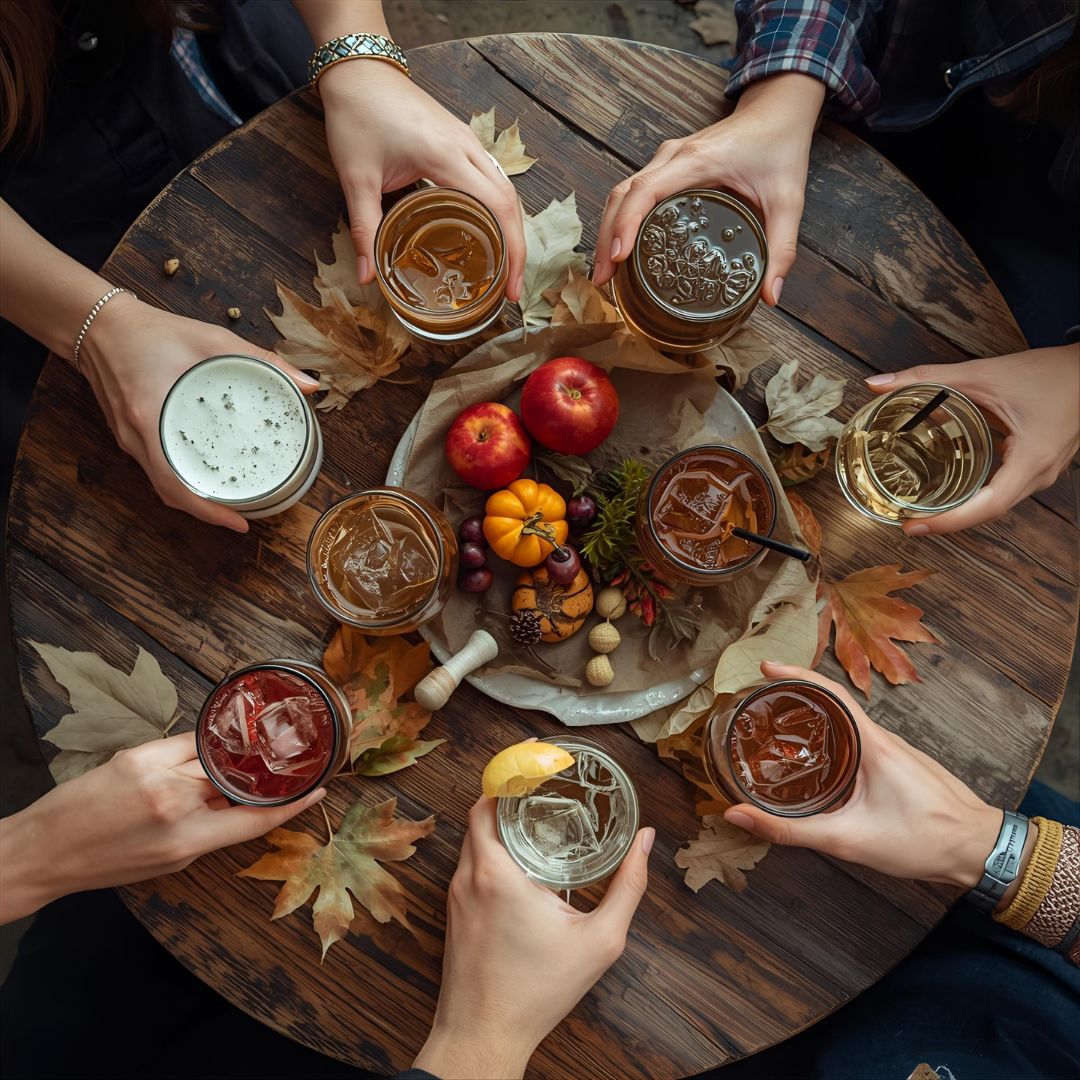 table automnale avec boissons variées (alcool + alternatives non alcoolisées).