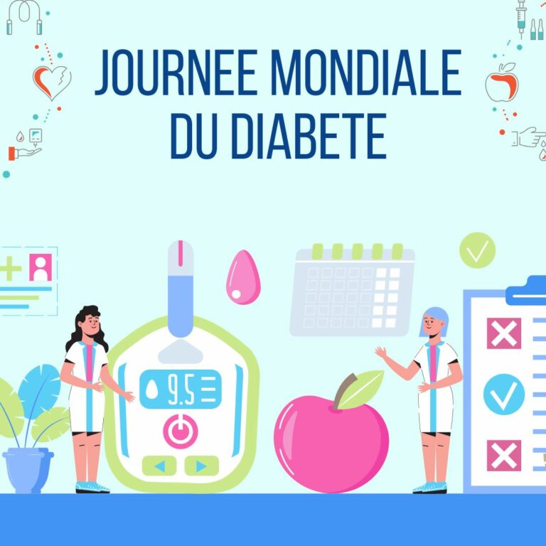 Journée Mondiale du Diabète. Elle présente un grand glycomètre stylisé entouré de deux professionnels de la santé. Les symboles clés incluent une pomme, un calendrier de suivi, et des graphismes sur la santé cardiaque et l'insuline. Les couleurs sont douces (bleu, vert, rose).