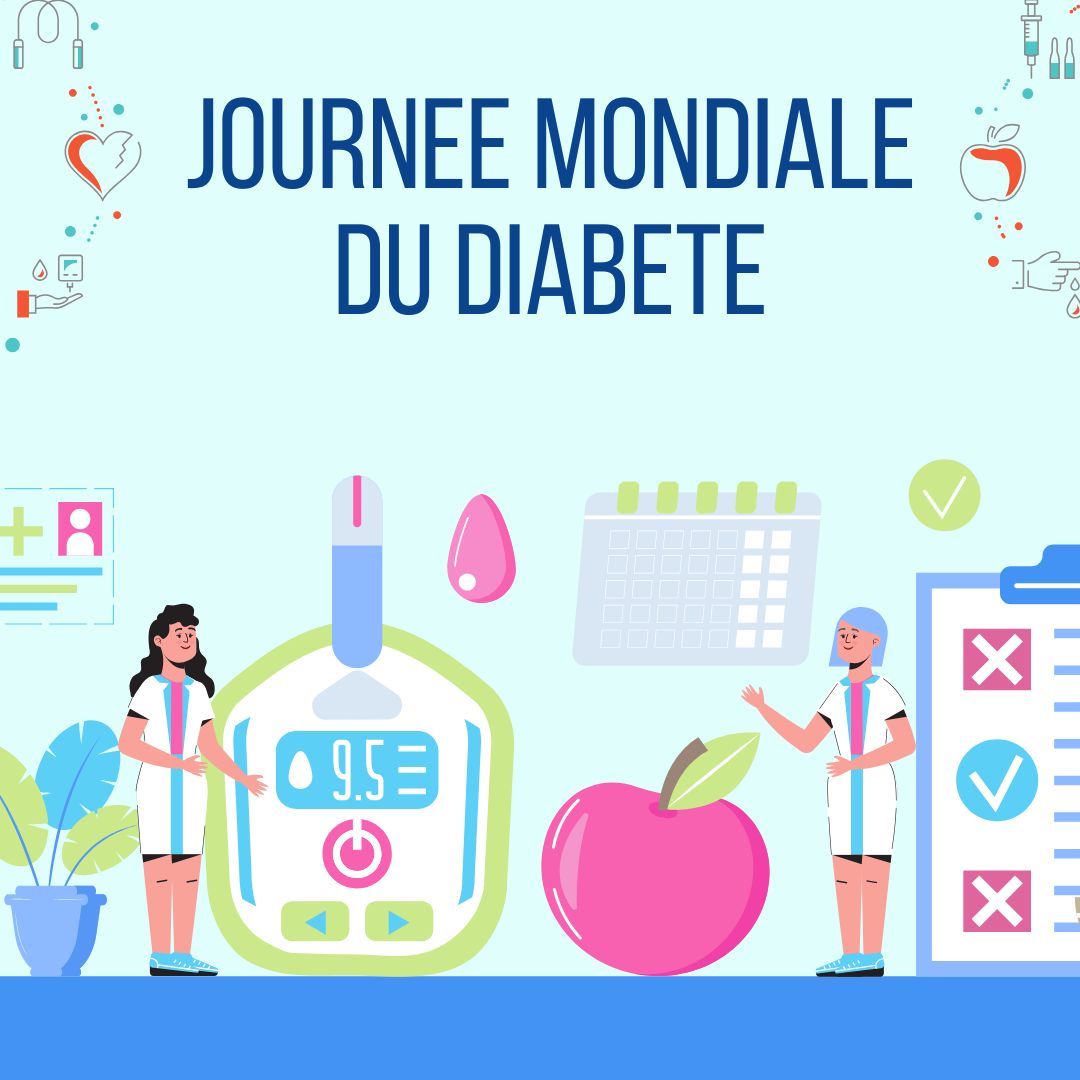 Journée Mondiale du Diabète. Elle présente un grand glycomètre stylisé entouré de deux professionnels de la santé. Les symboles clés incluent une pomme, un calendrier de suivi, et des graphismes sur la santé cardiaque et l'insuline. Les couleurs sont douces (bleu, vert, rose).