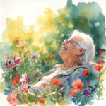 Aquarelle qui capture la joie d'une femme âgée souriant les yeux fermés, baignée de lumière et entourée d'un jardin luxuriant et fleuri aux couleurs vives et douces. C'est une scène qui respire la sérénité et le bonheur simple.