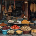 photo d'étal de rue coloré et abondant, regorgeant de grandes quantités de fruits, légumes, haricots et autres produits secs, présentés dans des paniers et des bols devant une petite boutique.