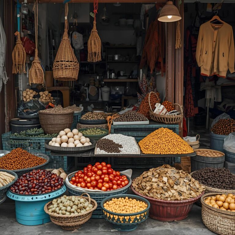 photo d'étal de rue coloré et abondant, regorgeant de grandes quantités de fruits, légumes, haricots et autres produits secs, présentés dans des paniers et des bols devant une petite boutique.
