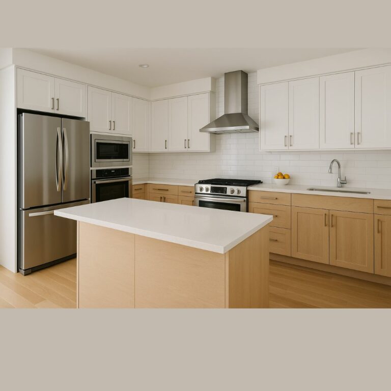 Une cuisine propre et lumineuse avec des appareils électroménagers étincelants.