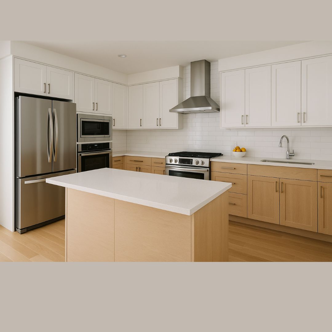Une cuisine propre et lumineuse avec des appareils électroménagers étincelants.