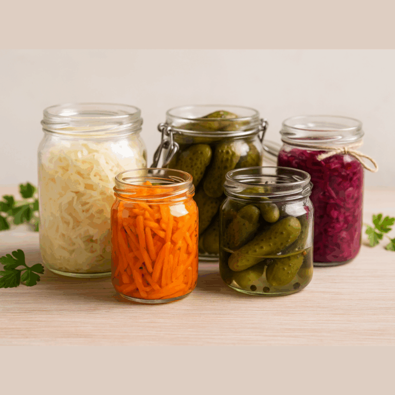 Bocaux d’aliments fermentés (choucroute, cornichons, carottes, kéfir).
