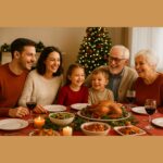 Une famille avec enfants, parents, grands-parents autour d'une table festive, souriants