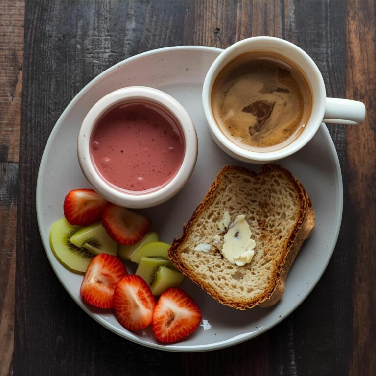 Un petit-déjeuner équilibré avec smoothie et fruits tranchés, un café avec un nuage de lait, du pain grillé avec du beurre