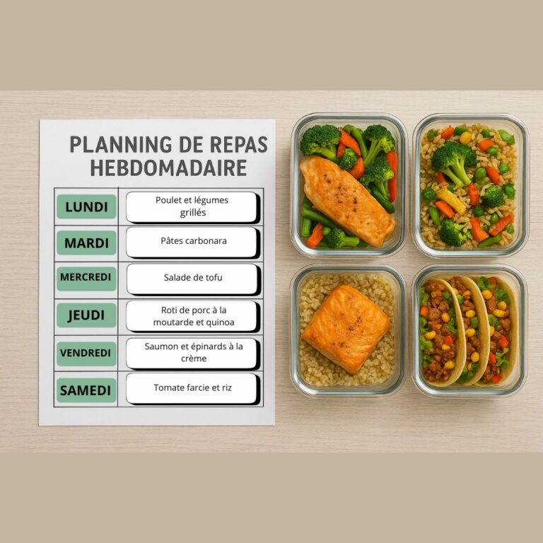 Planning de repas hebdomadaire avec des plats dans des boites hermétiques