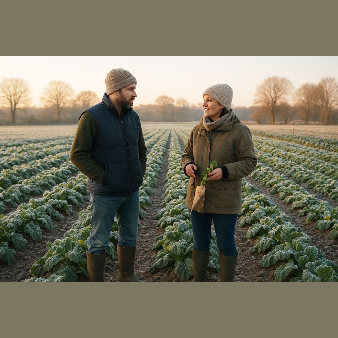 Des producteurs locaux dans un champ en hiver.