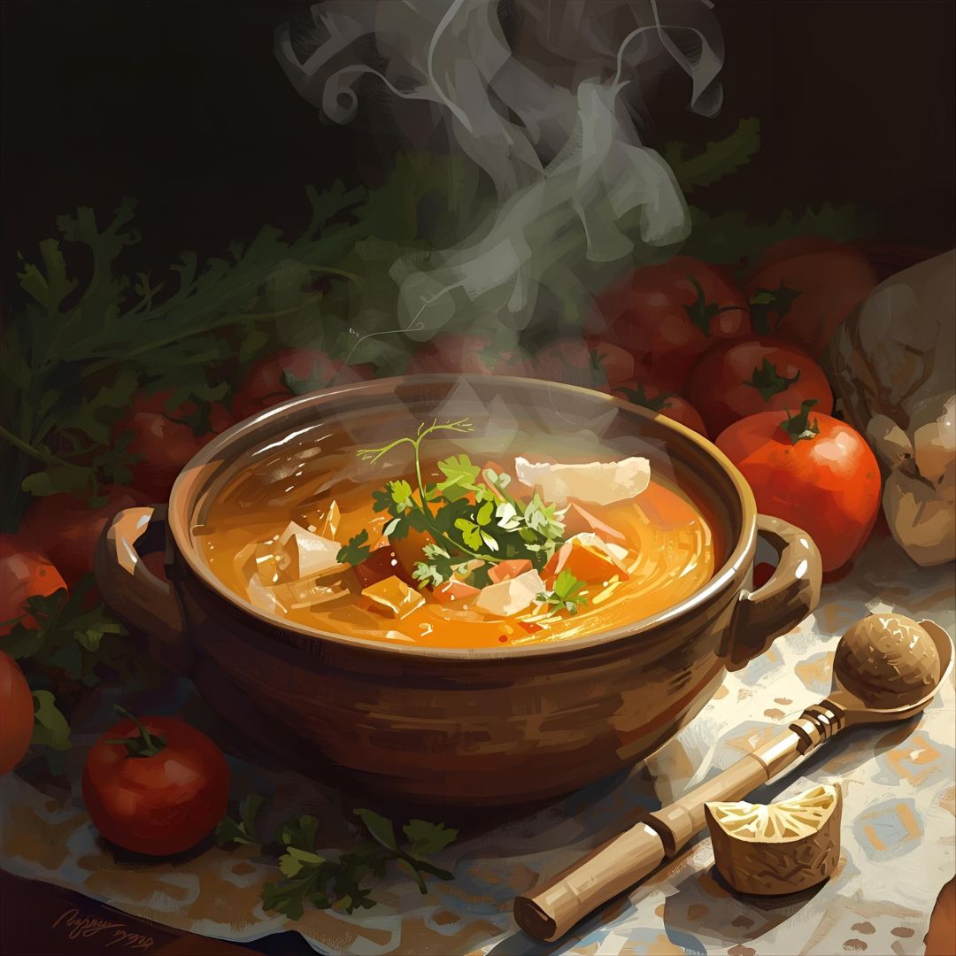 Une soupe d’hiver fumante servie dans un bol en céramique, entourée de légumes frais.