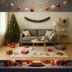 Un salon décoré après les fêtes avec un léger désordre (guirlandes, papiers-cadeaux, coussins défaits).