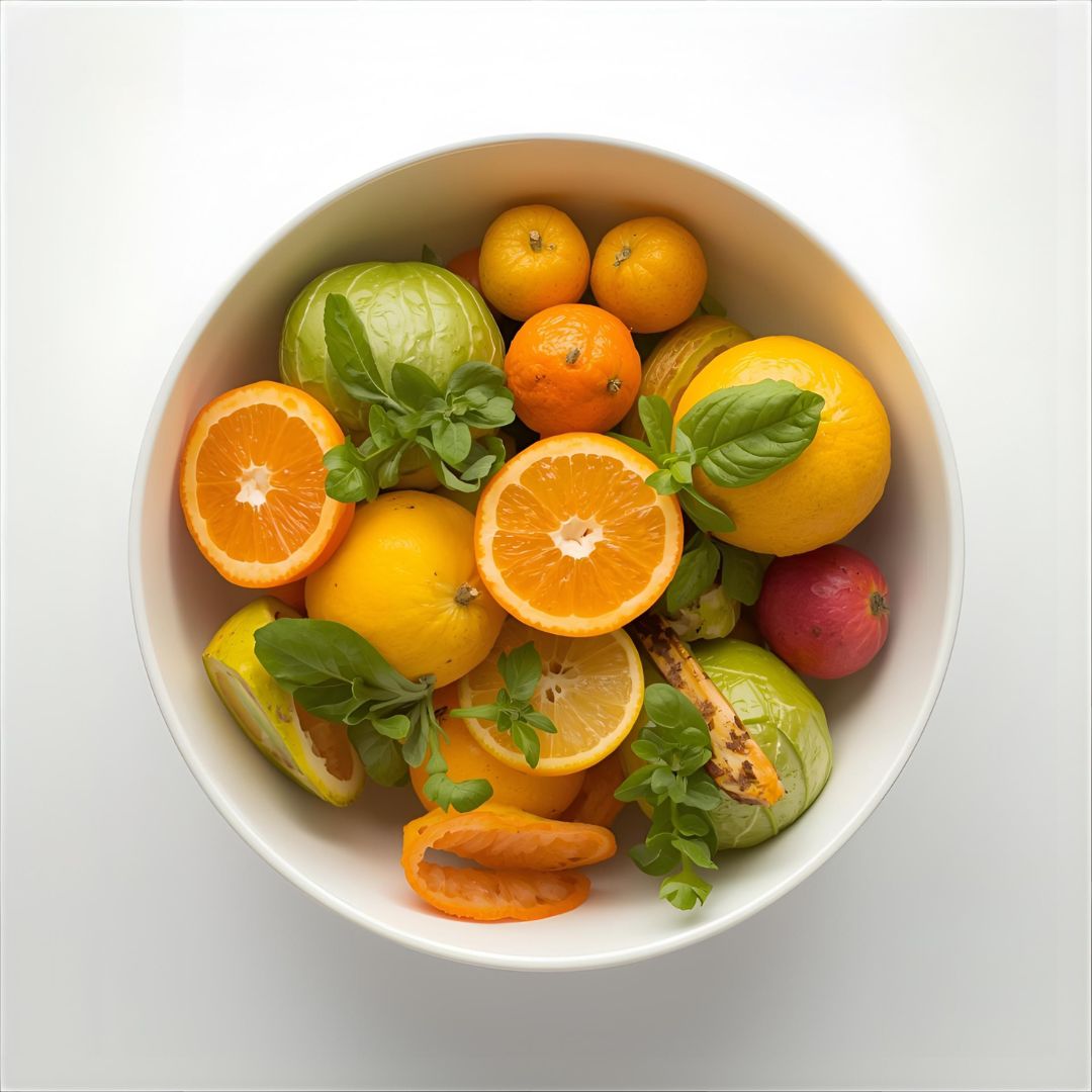 Bol coloré mélangeant agrumes et légumes d'hiver