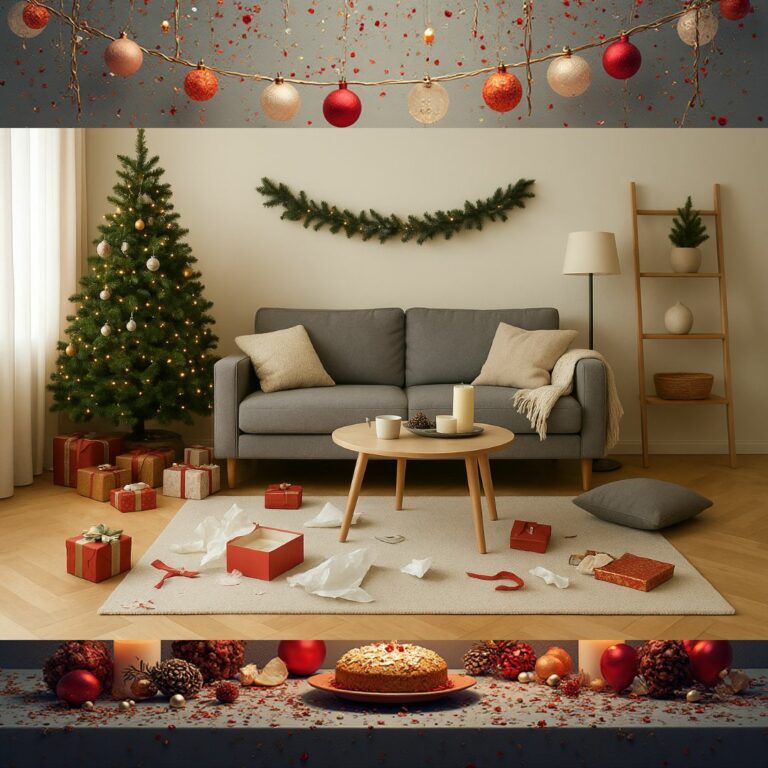 Un salon décoré après les fêtes avec un léger désordre (guirlandes, papiers-cadeaux, coussins défaits).