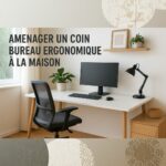 Espace de télétravail moderne et ergonomique avec un bureau blanc, une chaise de bureau noire à dossier mesh, un moniteur et une lampe de bureau.