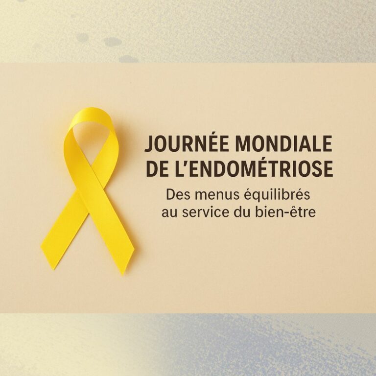 sensibilisation pour la Journée Mondiale de l'Endométriose. On y voit un ruban jaune (symbole de la cause) sur un fond crème, avec le texte : « Des menus équilibrés au service du bien-être »