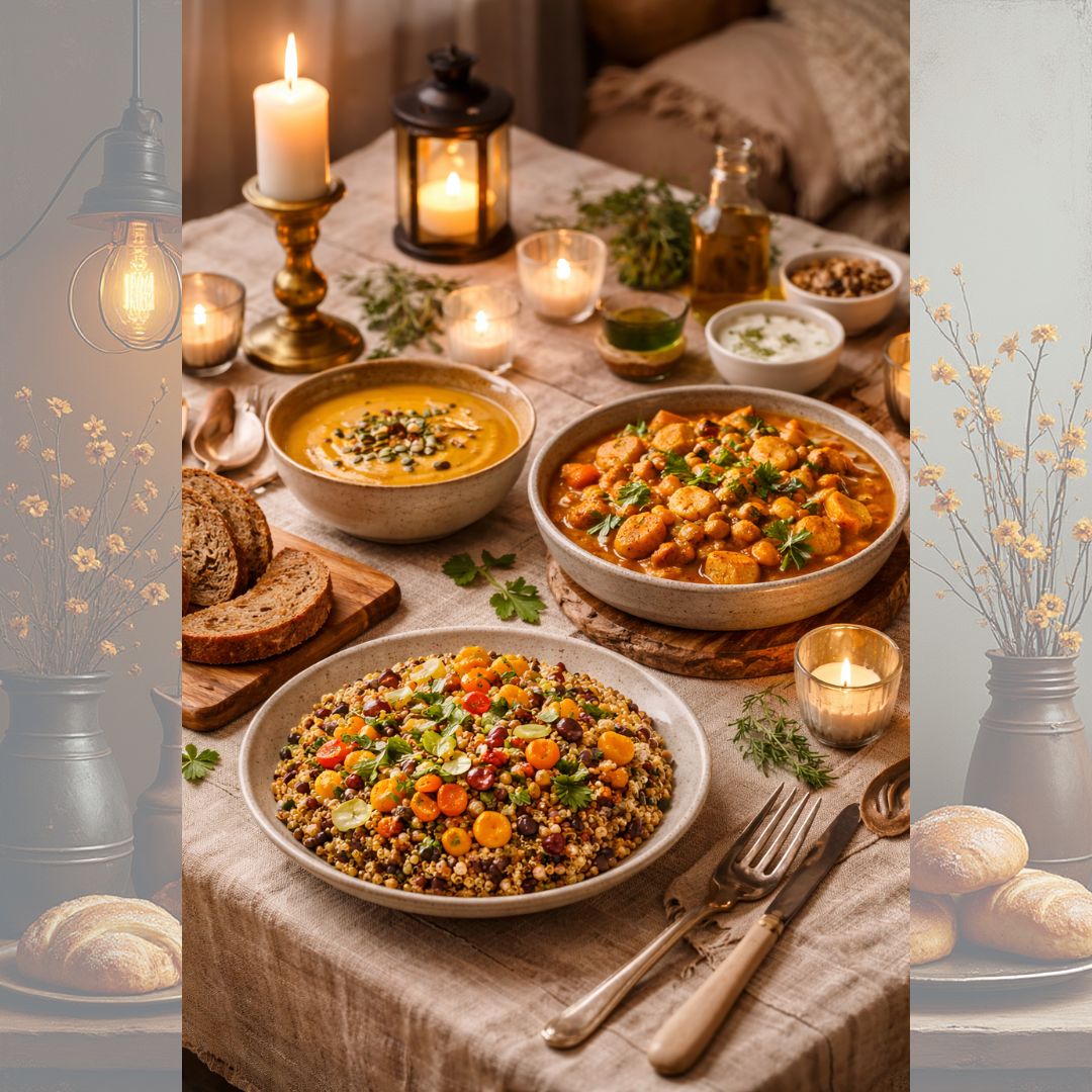 Ambiance cocooning : nappe, lumière douce, vaisselle hivernale, pour les menus du 26 janvier au 1 février.