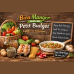 Illustration de cuisine saine à petit budget avec légumes frais, œufs, céréales et un menu de la semaine sur ardoise.