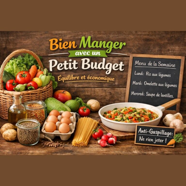 Illustration de cuisine saine à petit budget avec légumes frais, œufs, céréales et un menu de la semaine sur ardoise.