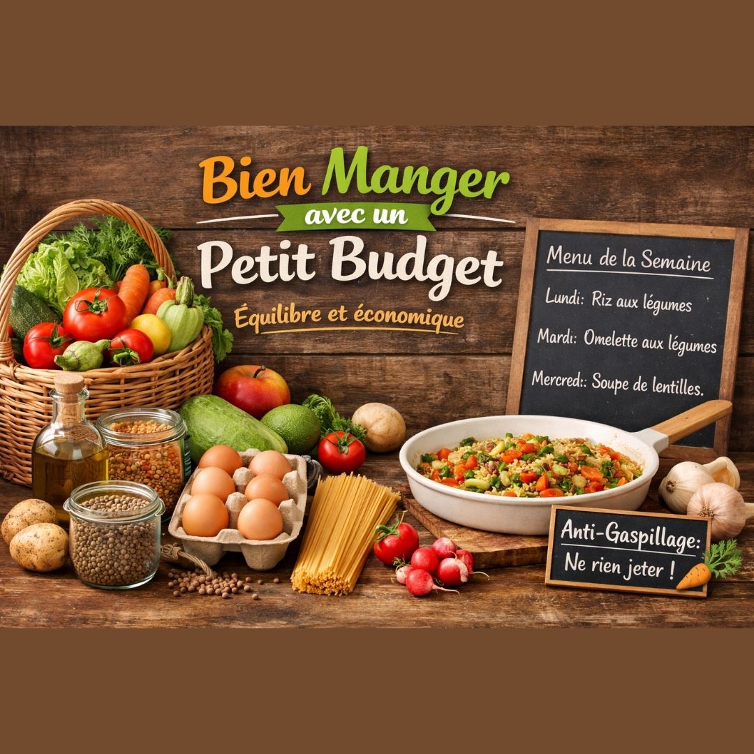 Illustration de cuisine saine à petit budget avec légumes frais, œufs, céréales et un menu de la semaine sur ardoise.
