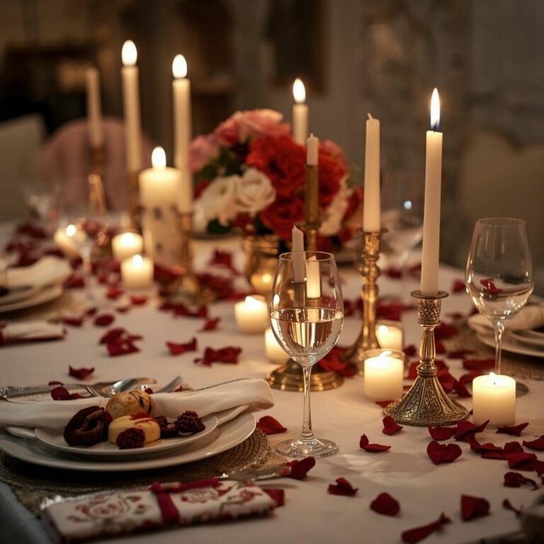 Joli table dressé pour la saint valentin avec un repas sur la table et des bougies