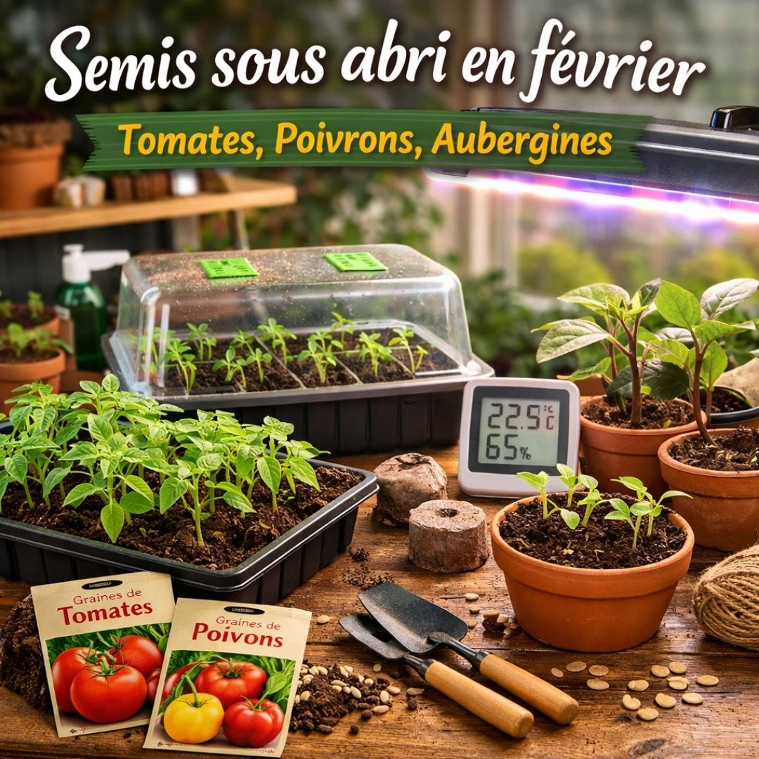 Culture de légumes d'été tels que les tomates, les poivrons et les aubergines, présentés sous forme de jeunes pousses et de sachets de graines. L'environnement de culture est optimisé grâce à une mini-serre, une lampe de croissance.