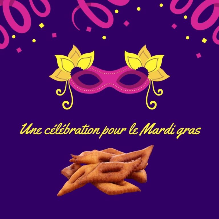 Sur un fond violet avec des serpentins et des confettis, on voit un masque rose et jaune. L'inscription jaune indique « Une célébration pour le Mardi gras ». En bas de l'image, il y a une pile de bugnes (beignets de carnaval).