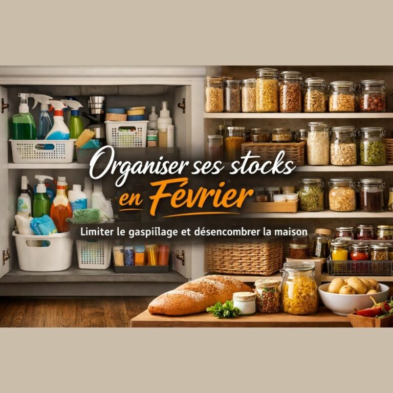 à gauche, un placard de produits d'entretien parfaitement rangé dans des paniers blancs, et à droite, un garde-manger esthétique rempli de bocaux en verre contenant des produits secs (pâtes, céréales, légumineuses). Au premier plan, des aliments frais comme du pain, des pommes de terre et des légumes complètent cette scène de maison ordonnée et bien gérée.