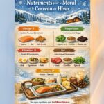 Nutriments essentiels pour préserver le moral et le cerveau durant l'hiver, le tout sur un fond de paysage enneigé. Elle met en avant cinq catégories : les Oméga-3 (saumon, noix), le Magnésium (chocolat noir, lentilles), les Vitamines B (œufs, poulet), le Fer (viande, épinards) et la Vitamine D pour l'immunité. L'image se conclut par l'illustration d'un plateau-repas équilibré proposé par « Les Menus Services ».