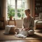 Une personne assise pliant du linge calmement