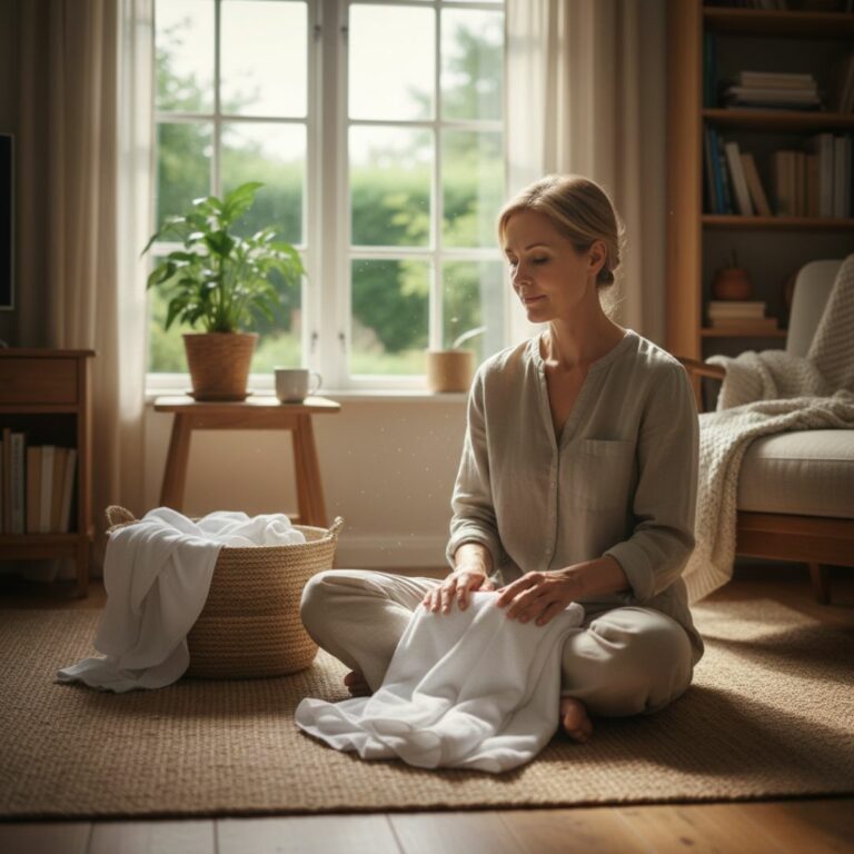 Une personne assise pliant du linge calmement