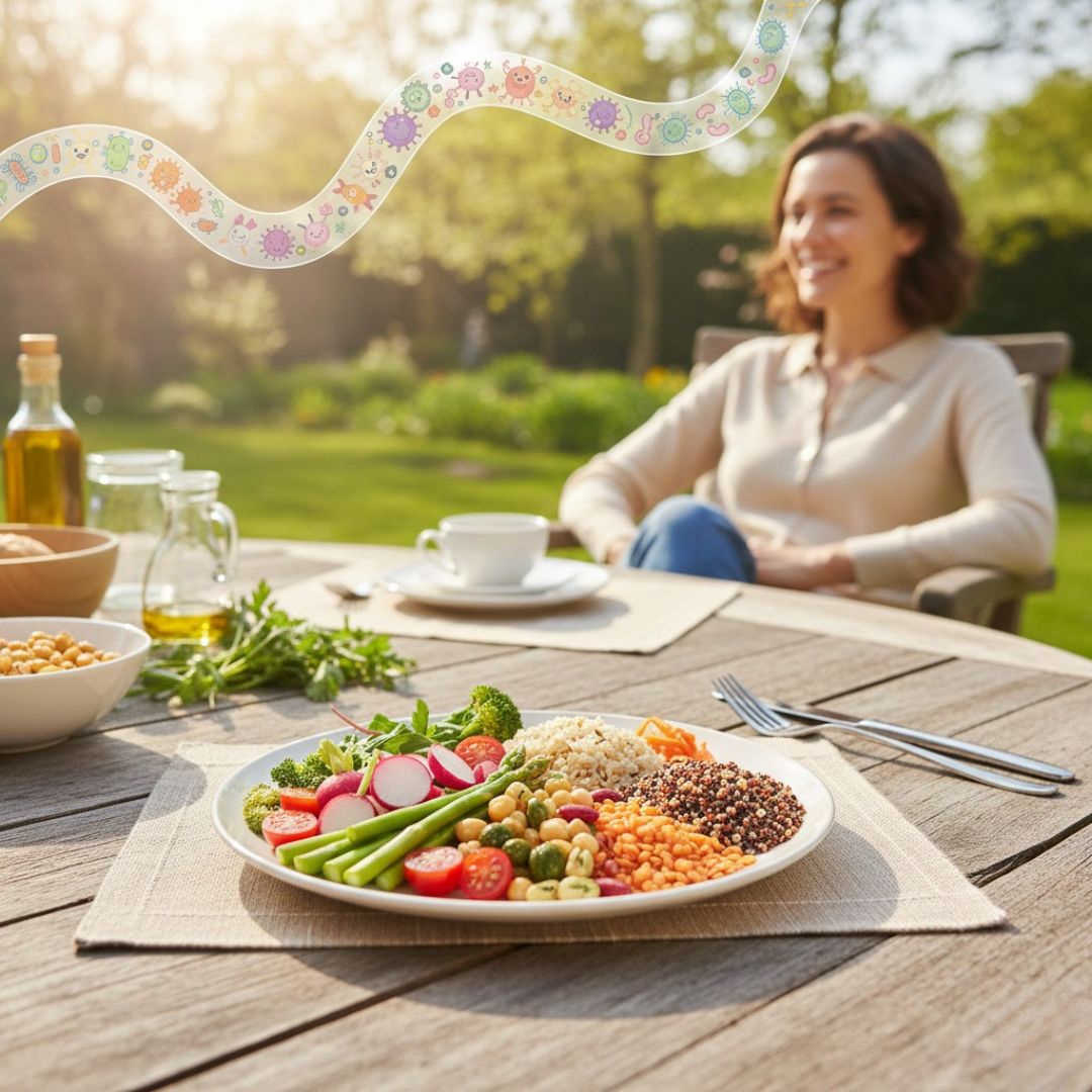 Une scène lumineuse de printemps montrant une table en extérieur (jardin, terrasse ou balcon), avec une assiette équilibrée au centre composée de légumes de saison riches en fibres, de légumineuses et de céréales complètes. En arrière-plan, une personne détendue, souriante, profitant de la lumière naturelle, symbolisant le bien-être digestif. L’image peut être enrichie d’un léger élément graphique ou illustratif discret évoquant l’intestin ou le microbiote (par exemple un pictogramme ou une illustration semi-transparente), pour faire le lien entre alimentation, digestion et santé globale.