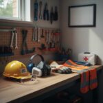 Photo d’un établi organisé avec les équipements de protection alignés. pour la journées mondiale de la sante et sécurité au travail