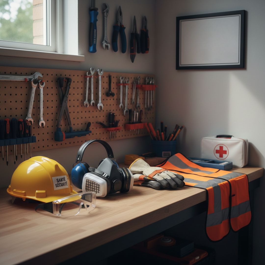 Photo d’un établi organisé avec les équipements de protection alignés. pour la journées mondiale de la sante et sécurité au travail