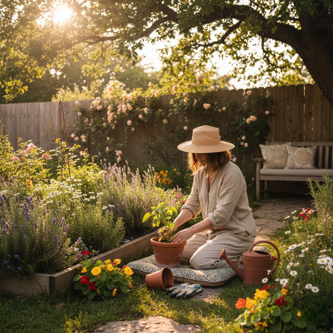 Personne détendue jardinant au soleil
