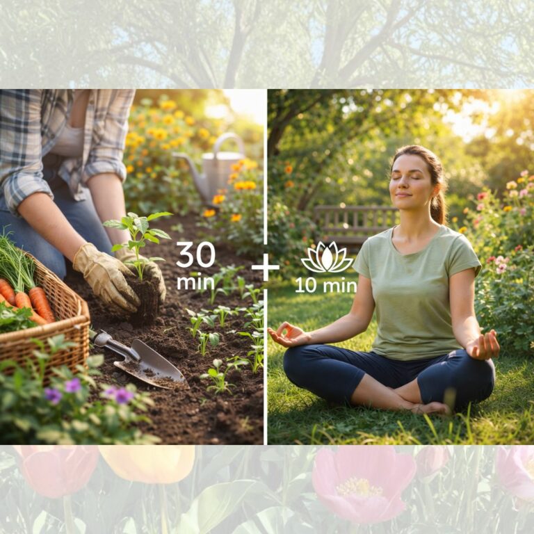 À gauche : Une personne jardine, plantant une jeune pousse à côté d'un panier de carottes. Le texte indique "30 min". À droite : Une femme médite en position du lotus sur l'herbe, les yeux fermés. Le texte indique "10 min" avec un symbole de lotus.